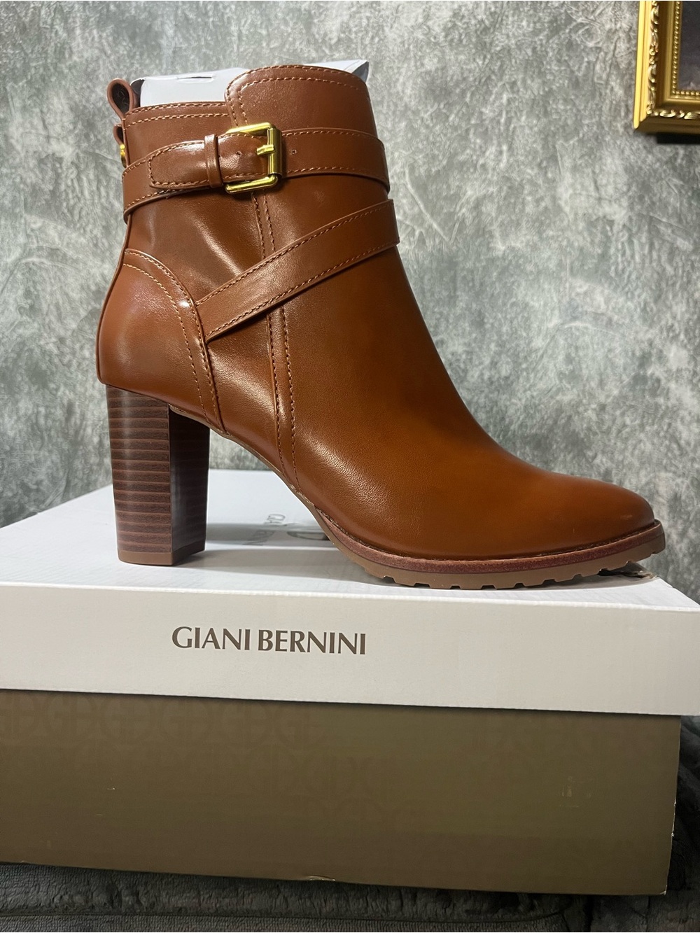 Giani Bernini Cognac Brown Leather Ankle Boot with Gold Buckle Strap